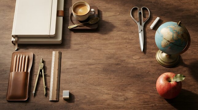 Top view of student workspace with notebooks and stationery
