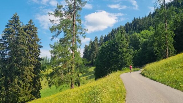 A man walks uphill along a quiet mountain road near Lenk in the Swiss Alps, surrounded by lush green meadows and peaceful alpine scenery. A summer hiking paradise in fresh mountain air and nature