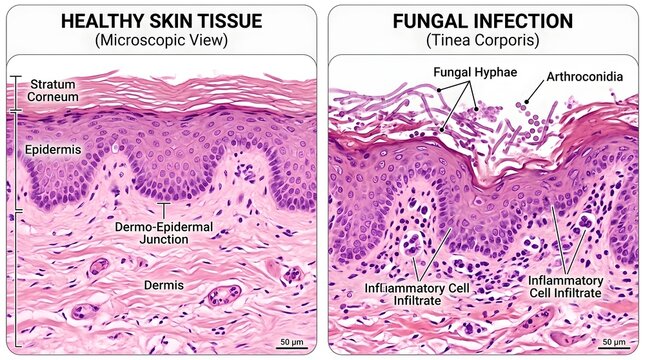Medical illustration showing a comparison between healthy human skin tissue and a fungal infection known as tinea corporis microscopic view