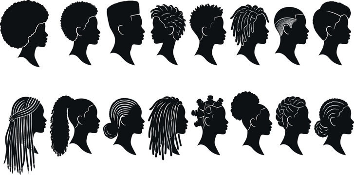 Vector set of black silhouettes showcasing various natural African American hairstyles for men and women