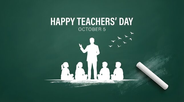Happy teachers day october 5 chalkboard illustration with teacher and students