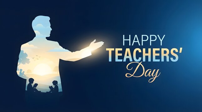 Happy teachers day silhouette concept with teacher and students inside