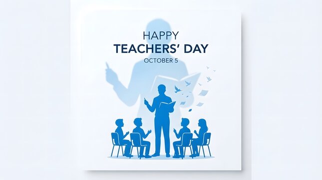 Happy teachers day illustration with teacher and students isolated on white background