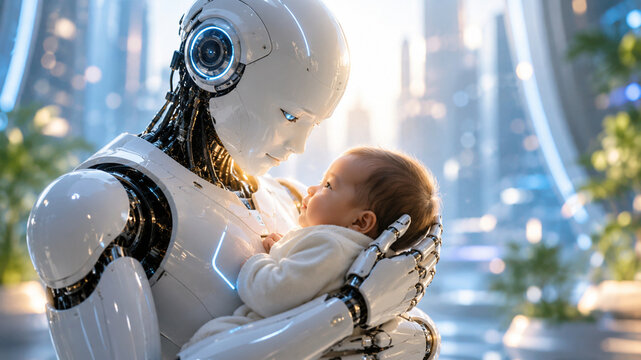 AI Compassion Humanoid Robot Caring for Baby in Futuristic City Landscape 16:9