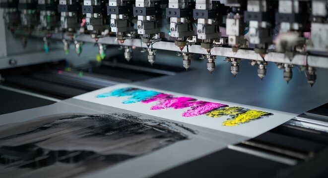 Digital press print heads applying cyan, magenta, yellow and black ink onto photo paper inside an industrial printing machine