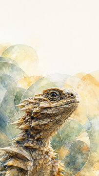 Watercolor Armadillo Girdled Lizard Close Up Portrait with Spiny Scales and Abstract Geometric Background.