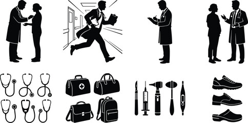 Obraz premium Medical doctor and healthcare worker silhouettes set with stethoscopes, equipment, and hospital elements for design