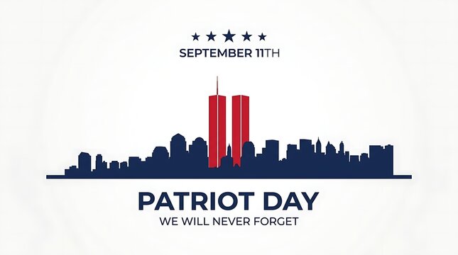 Patriot day graphic illustration with united states skyline and twin towers silhouette on white background honoring september 11th and fallen heroes we will never forget.