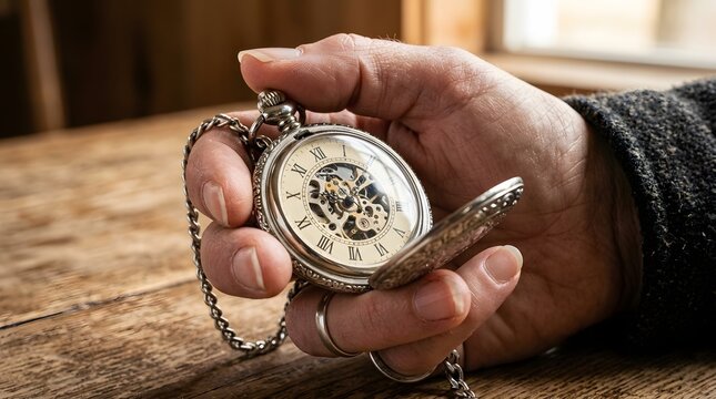 Close up of a hand holding a vintage silver mechanical pocket watch with chain on a rustic wooden table