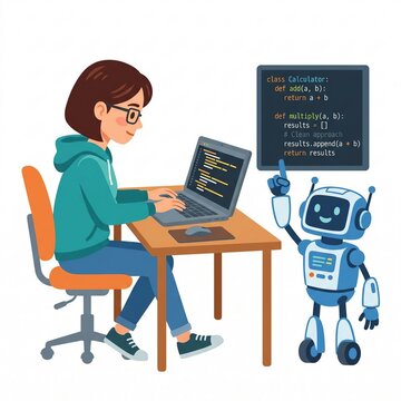 Cartoon robot and programmer working together at a desk with laptop