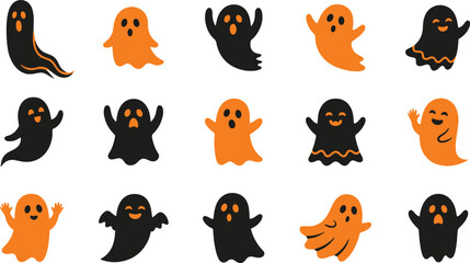 Obraz premium Set of cute black and orange ghost characters for halloween decorations and spooky festive graphic design projects