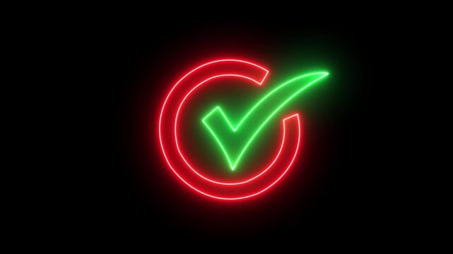 Neon green check mark in red circle glowing sign animation on black background