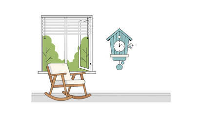 Fototapeta premium Cozy home interior scene with a wooden rocking chair by open window and blue cuckoo clock hanging on white wall.