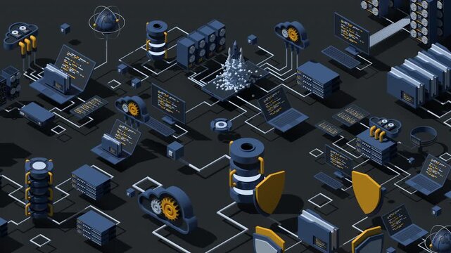 3D isometric data network management animation. Cloud storage data and synchronization of devices. Networking, database, cloud storage. Isometric technology. 4K video animated in isometric style