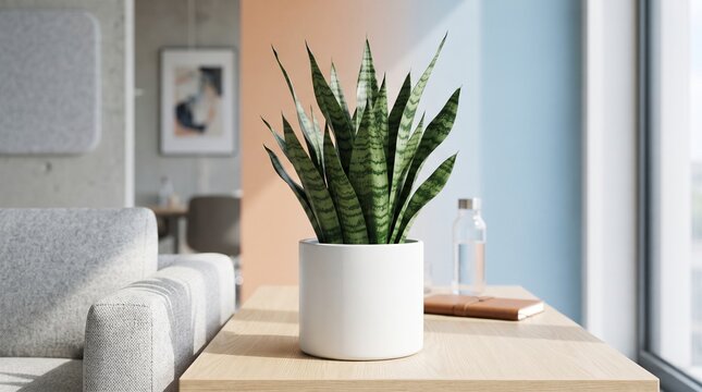 Potted snake plant on wooden table in bright modern living room with sansevieria interior greenery