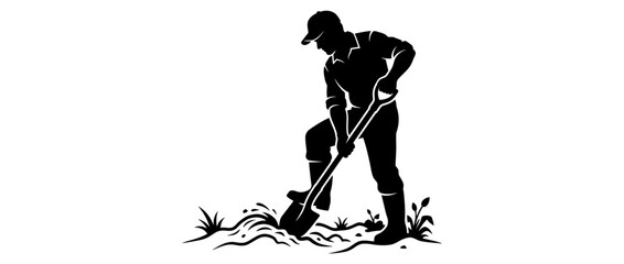 Silhouette of a gardener digging soil with a shovel © alina