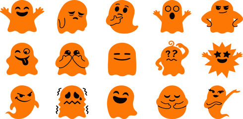 Naklejka premium Set of cute orange ghost characters with various funny facial expressions and gestures for halloween design projects