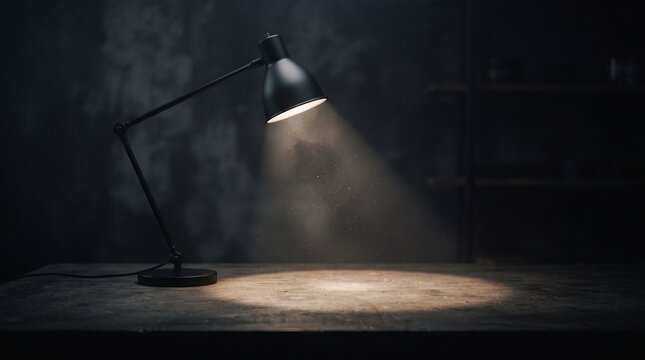 Adjustable black desk lamp illuminating a dark wooden surface with illumination darkness spotlight
