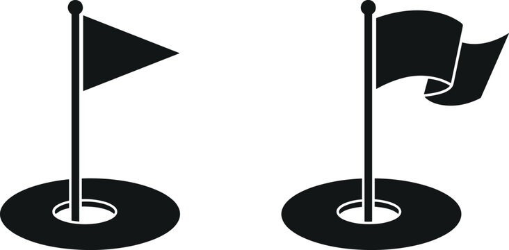 Vector set of two black golf hole and flag icons