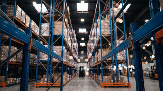 Industrial warehouse interior with rows of tall blue metal shelving racks storing packed goods
