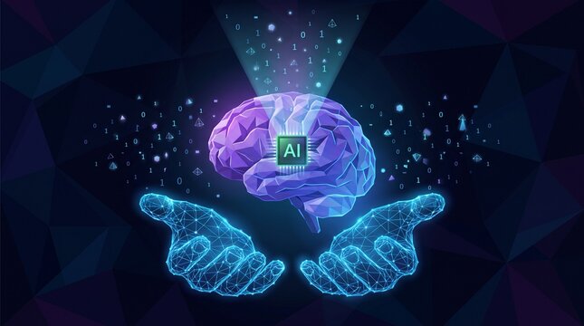 Digital intelligence representation showing a glowing AI brain and wireframe hands on a dark abstract background with intelligence artificial technology futuristic wireframe computing innovation