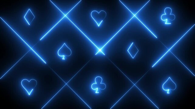 Neon playing card suits pattern with glowing blue lines background