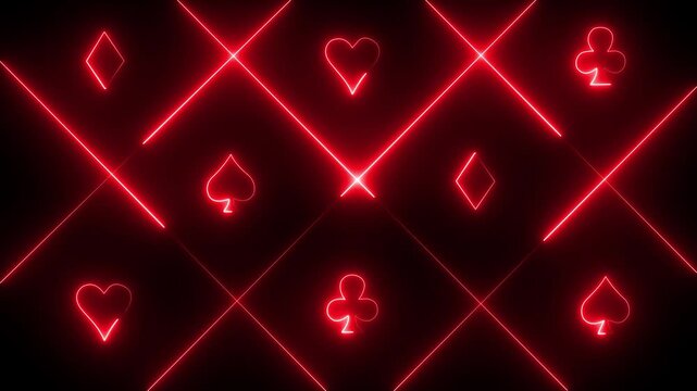 Neon glowing playing card suits pattern with dynamic red laser lines background