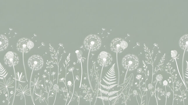 Seamless border pattern featuring hand drawn white dandelion flowers and wild meadow herbs on a soft sage green background
