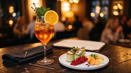 Fototapeta premium Aperol spritz cocktail with cucumber salmon rolls and red currants