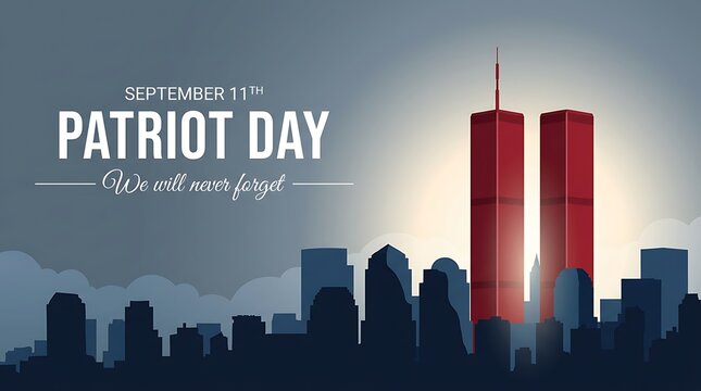 September 11th patriot day remembrance graphic with twin towers cityscape and tagline we will never forget.