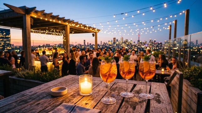 Aperol spritz cocktails on a rooftop bar overlooking the toronto skyline