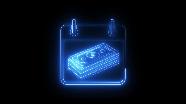 Neon glowing calendar with stack of cash for financial planning and payment deadlines