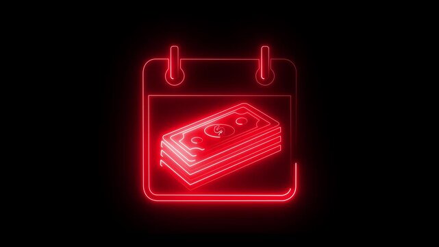 Red neon calendar with stack of cash for financial planning and payment deadlines