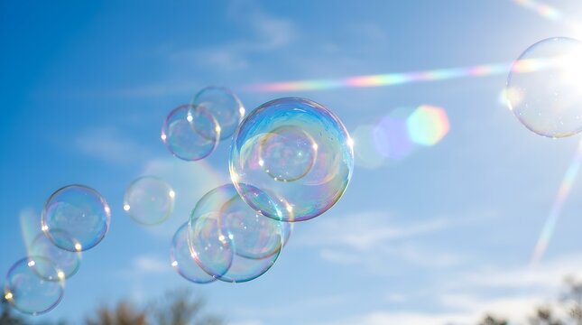 Colorful soap bubbles floating in the air against a bright blue sky with sunlight creating rainbow reflections on their surfaces