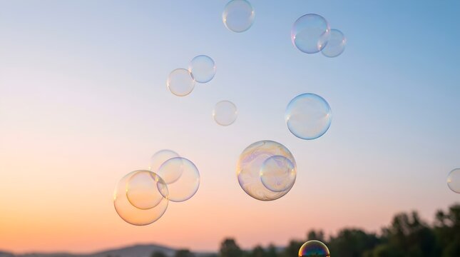 Colorful soap bubbles floating in the air against a soft pink and blue sunset sky with distant trees and mountains in the background