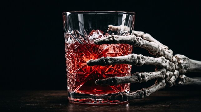 Skeleton hand holding a glass of red cocktail
