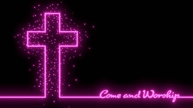 Cross and come and worship text in thin lines style glowing with energy and particles.