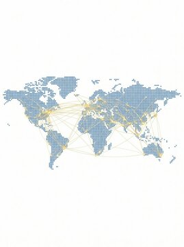 Global network connections on world map with blue dots and yellow lines