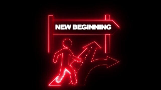 New beginning neon sign animation with walking person for success and career growth