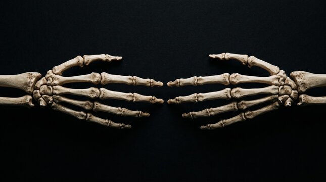 Two skeleton hands facing each other on a dark background