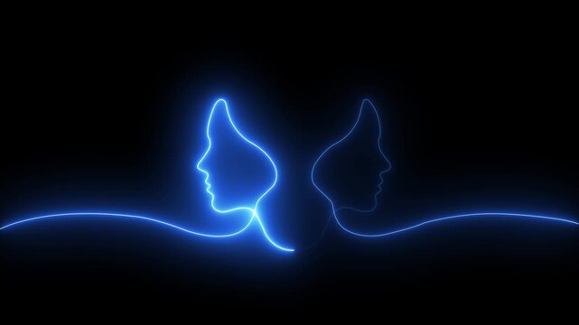 Glowing neon line portraits of two faces facing away, abstract minimalist human profiles animation