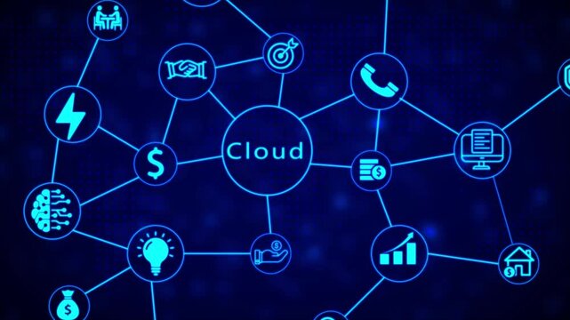 Cloud computing concept diagram with interconnected representing business, technology, and finance on a dark blue digital background with glowing particles and a network grid pattern
