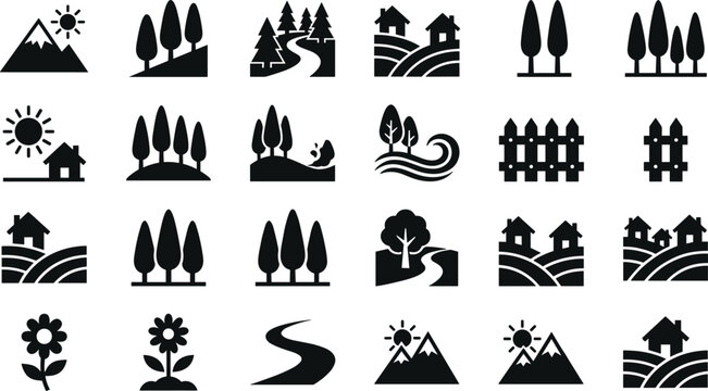 Nature landscape agriculture farm countryside hills and forest pine trees solid black silhouette icon set graphic vector