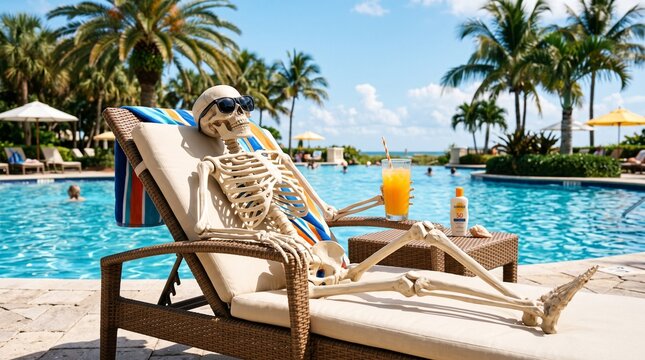 Skeleton wearing sunglasses relaxing on a lounge chair by a resort pool