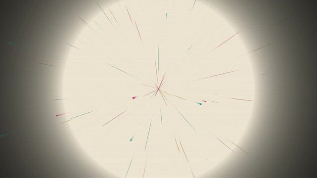 Abstract colorful particles bursting from a central light on a scanline background.