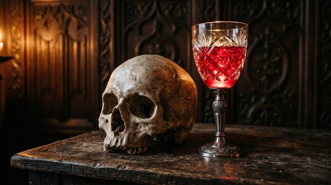 A human skull and a crystal goblet filled with red wine on a table
