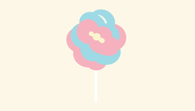 Fluffy pink and blue cotton candy on a stick representing carnival treats, sweetness, and fun fairs in flat style.