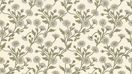 Fototapeta premium Delicate Daisy Flower Pattern Vector Illustration, White Petals and Yellow Centers on Cream Background, Repeating Floral Design with Green Leaves and Stems, Vintage Botanical Art