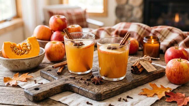 Two glasses of hot apple cider with cinnamon sticks and star anise