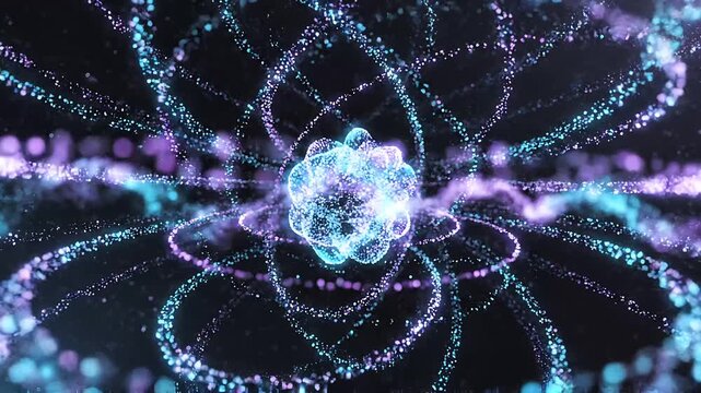 Abstract glowing quantum atom nucleus with orbital glowing particle energy rings tech background
